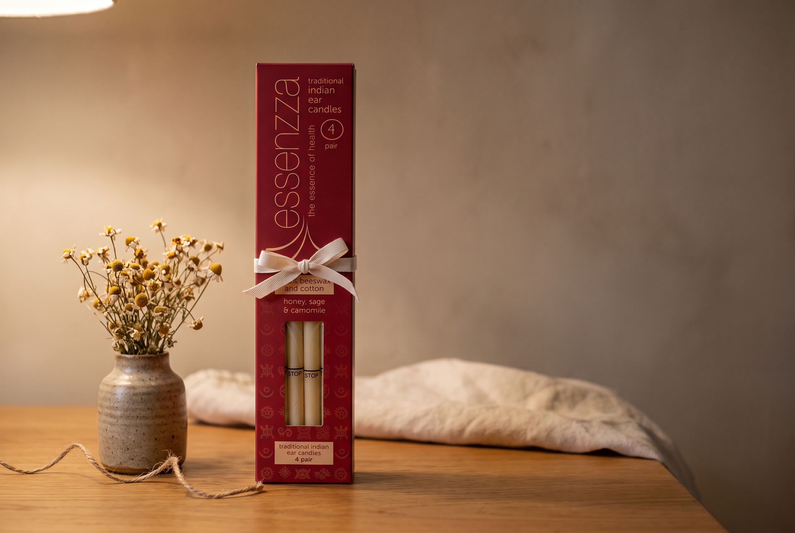 Essenzza Traditional Indian ear candles — crimson carton tied with cream ribbon as a thoughtful winter gift