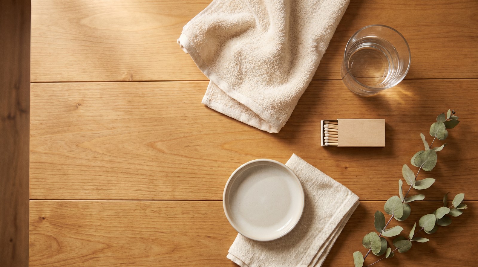 A folded warm towel, a glass of water, matches and a stoneware dish laid out ready for an ear candling session.