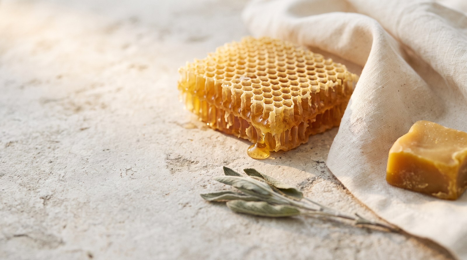 Natural honeycomb, a block of raw beeswax and unbleached cotton cloth, the materials an Original ear candle is made from.
